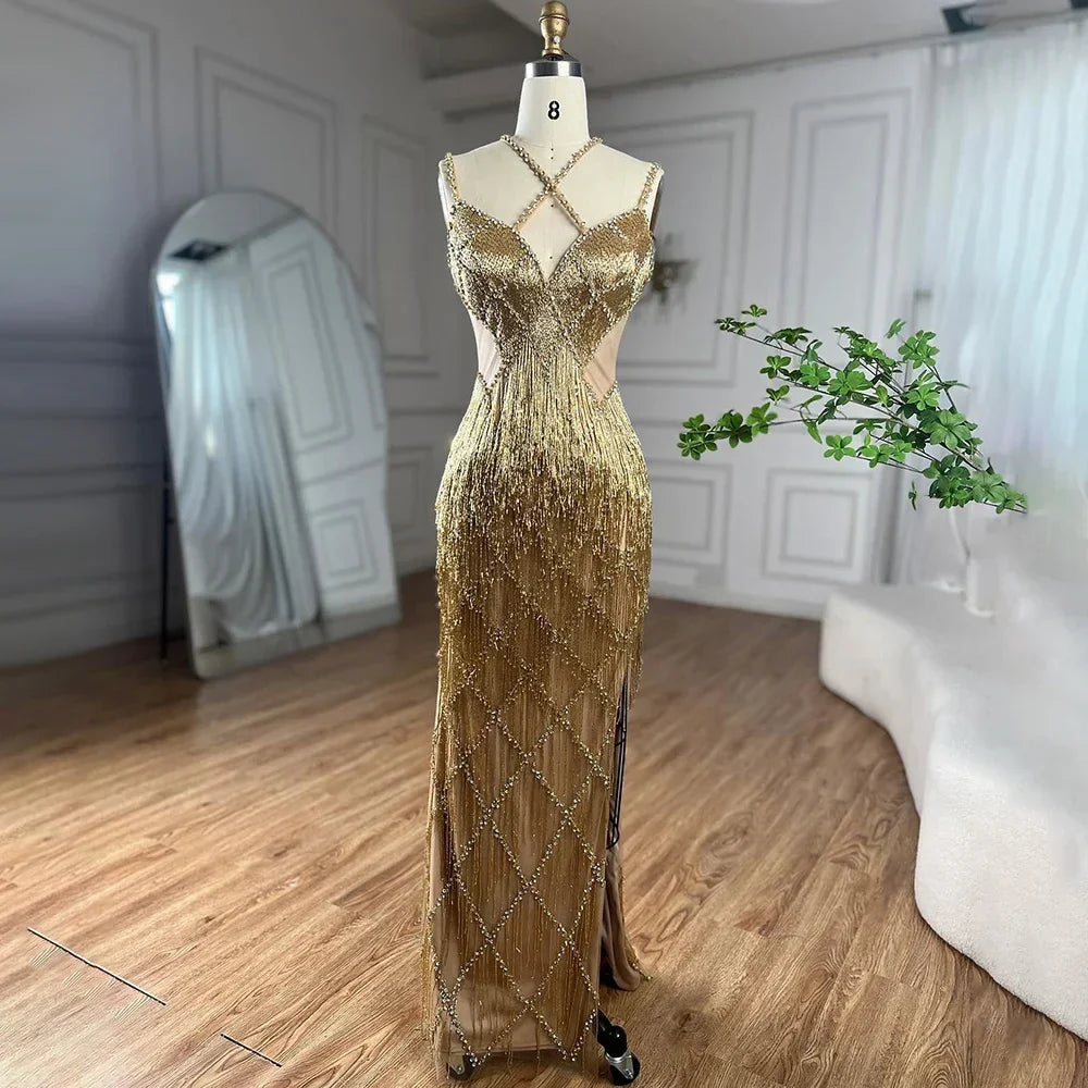 Vestidos de noche de lujo con cuentas, borlas y tirantes finos, estilo sirena, color dorado y plateado, para mujer, 2025, LA72280