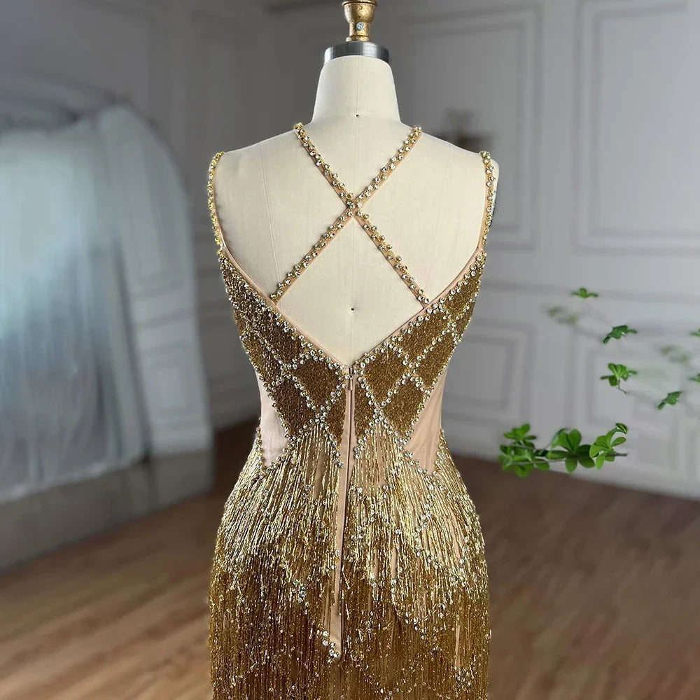 Vestidos de noche de lujo con cuentas, borlas y tirantes finos, estilo sirena, color dorado y plateado, para mujer, 2025, LA72280