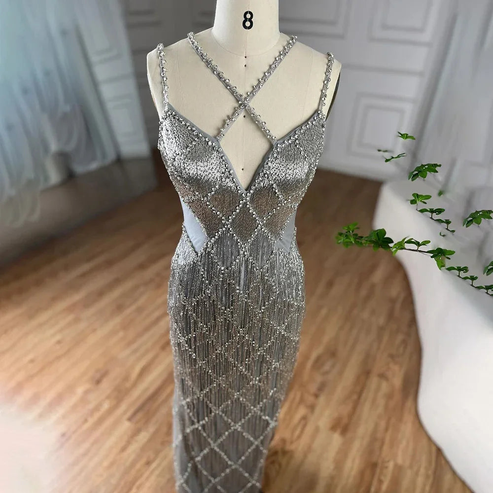 Vestidos de noche de lujo con cuentas, borlas y tirantes finos, estilo sirena, color dorado y plateado, para mujer, 2025, LA72280