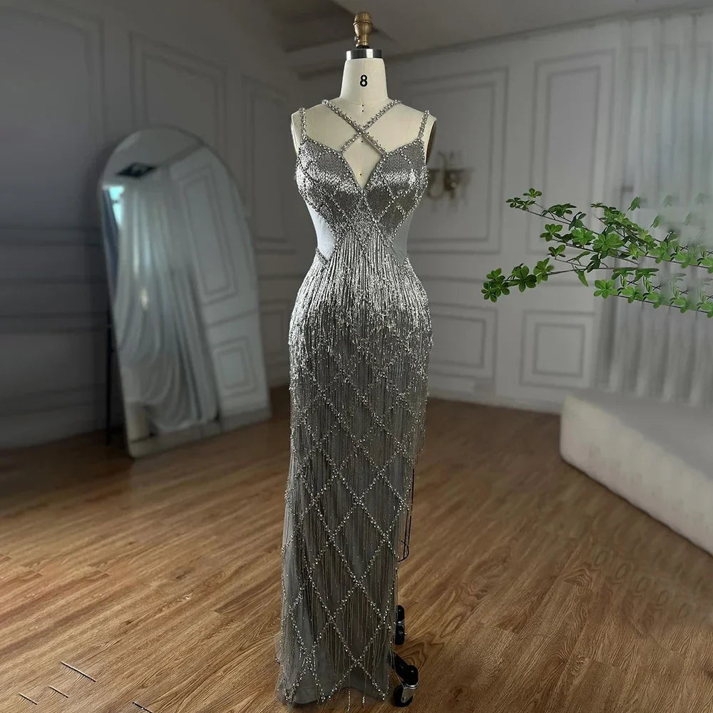 Vestidos de noche de lujo con cuentas, borlas y tirantes finos, estilo sirena, color dorado y plateado, para mujer, 2025, LA72280