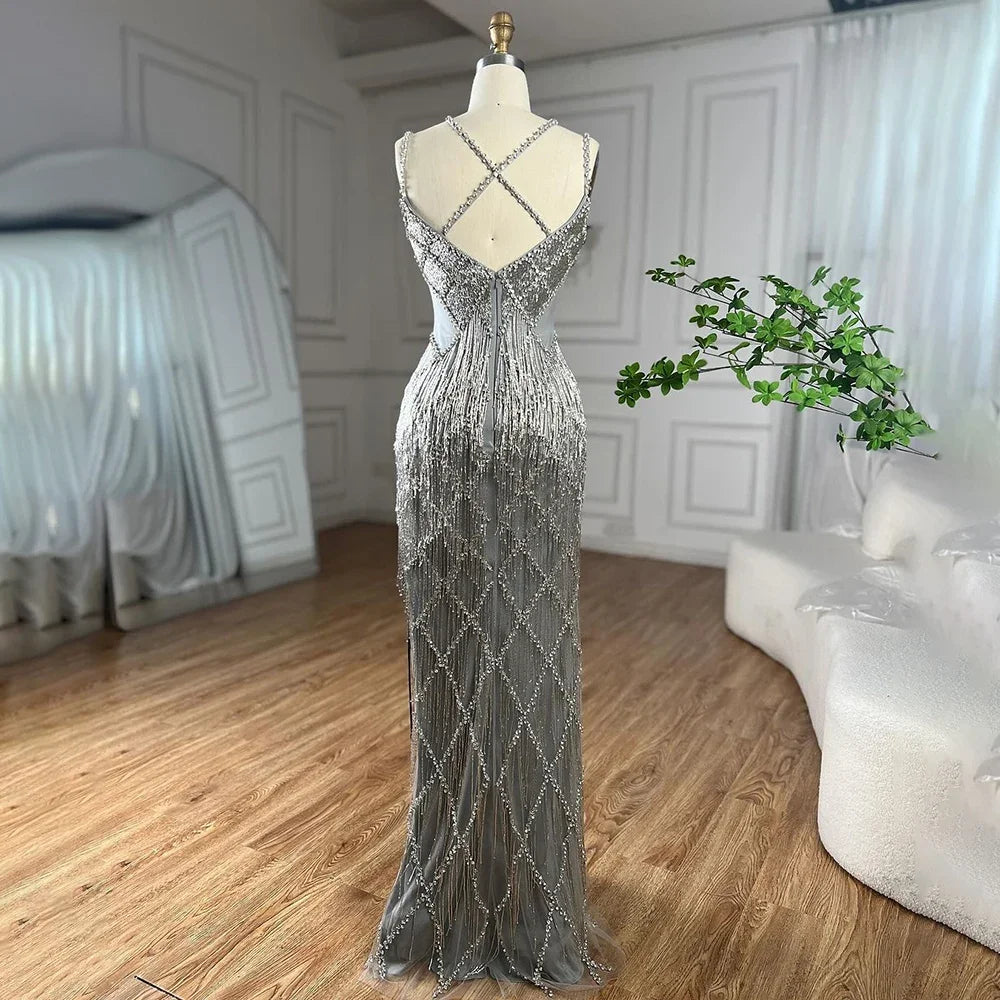 Vestidos de noche de lujo con cuentas, borlas y tirantes finos, estilo sirena, color dorado y plateado, para mujer, 2025, LA72280