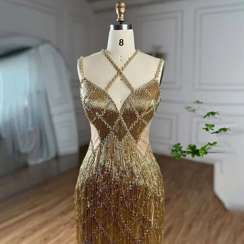 Vestidos de noche de lujo con cuentas, borlas y tirantes finos, estilo sirena, color dorado y plateado, para mujer, 2025, LA72280