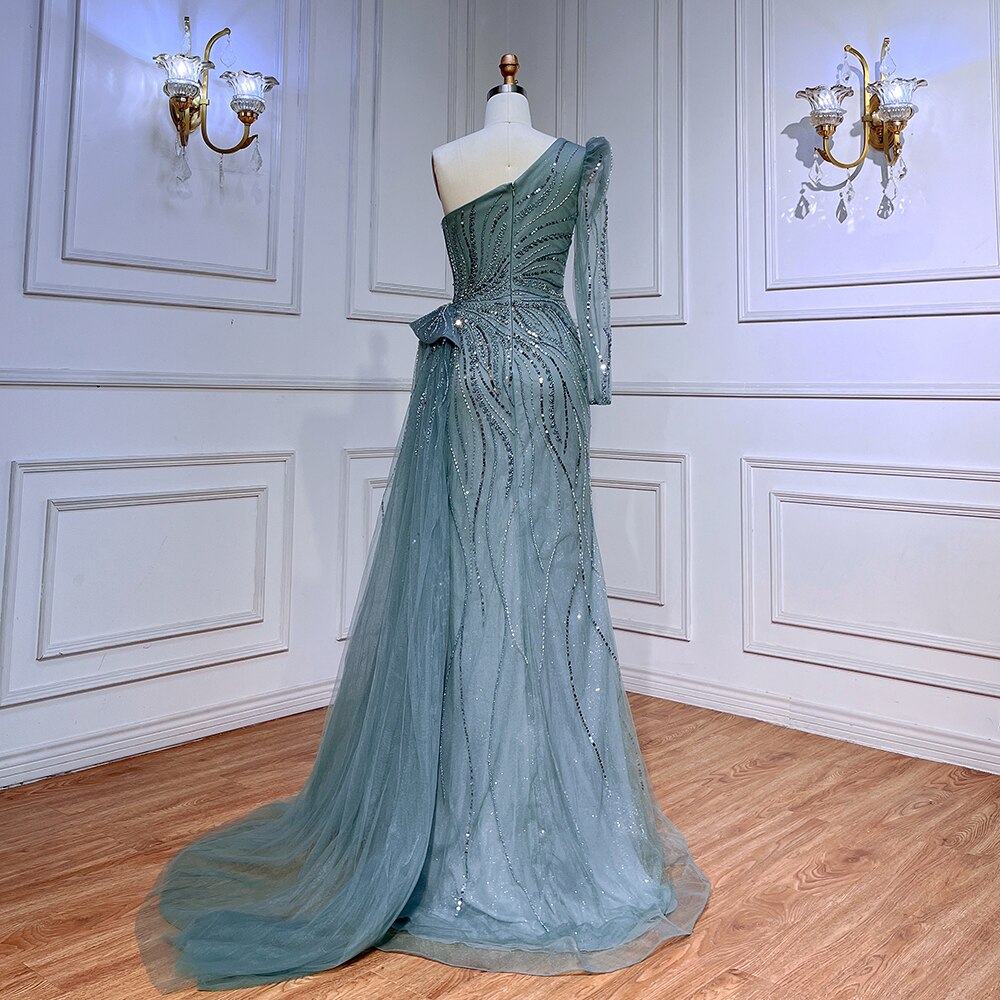 Vestido de noche rosa de corte sirena con un hombro y sobrefalda LA72062