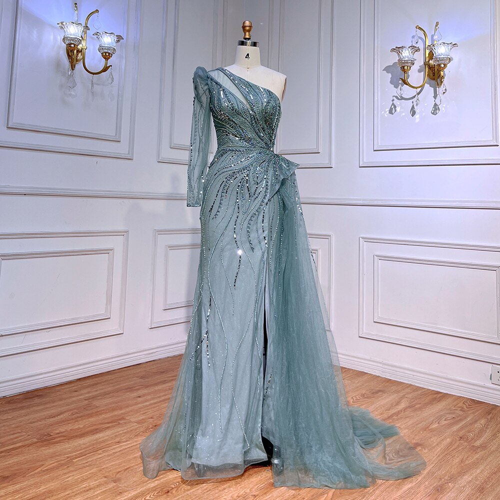 Vestido de noche rosa de corte sirena con un hombro y sobrefalda LA72062