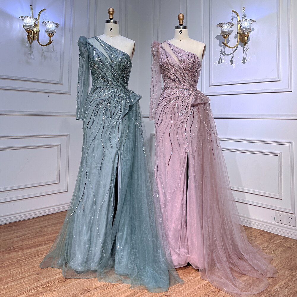 Vestido de noche rosa de corte sirena con un hombro y sobrefalda LA72062