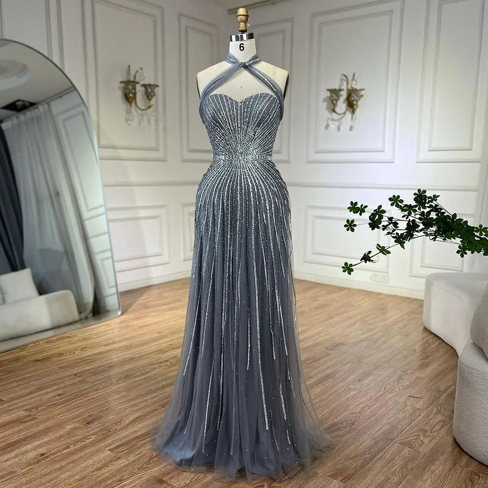 Vestidos de noche de lujo con cuentas y corte sirena con tirantes finos color turquesa de Dubái para mujer, ideal para bodas 2025 LA72322