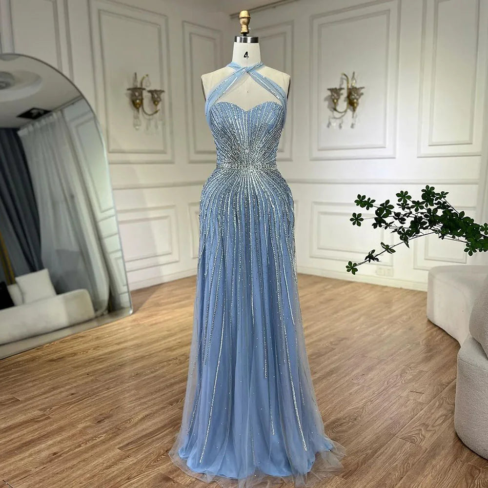 Vestidos de noche de lujo con cuentas y corte sirena con tirantes finos color turquesa de Dubái para mujer, ideal para bodas 2025 LA72322