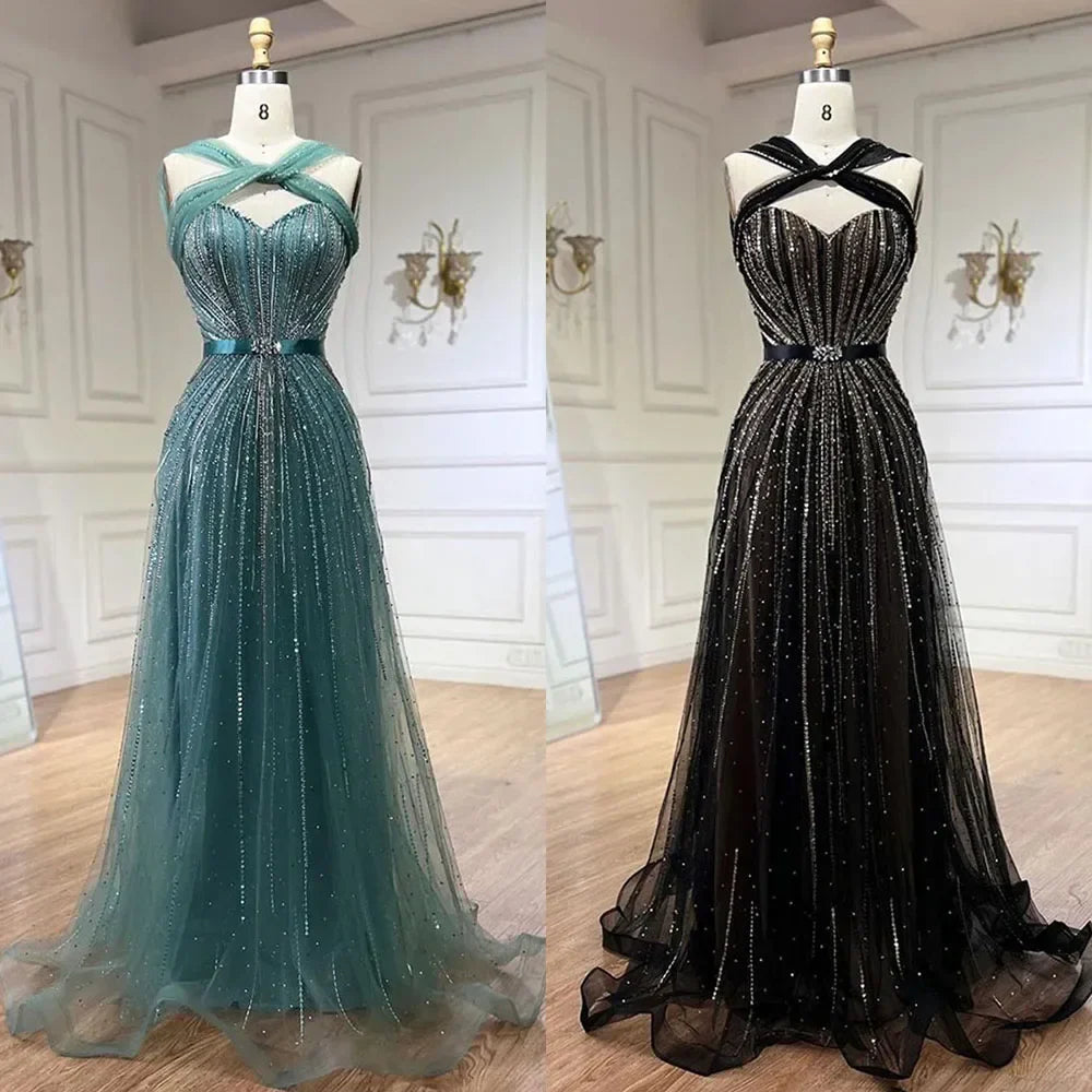 Vestidos de noche de lujo con cuentas y corte sirena con tirantes finos color turquesa de Dubái para mujer, ideal para bodas 2025 LA72322