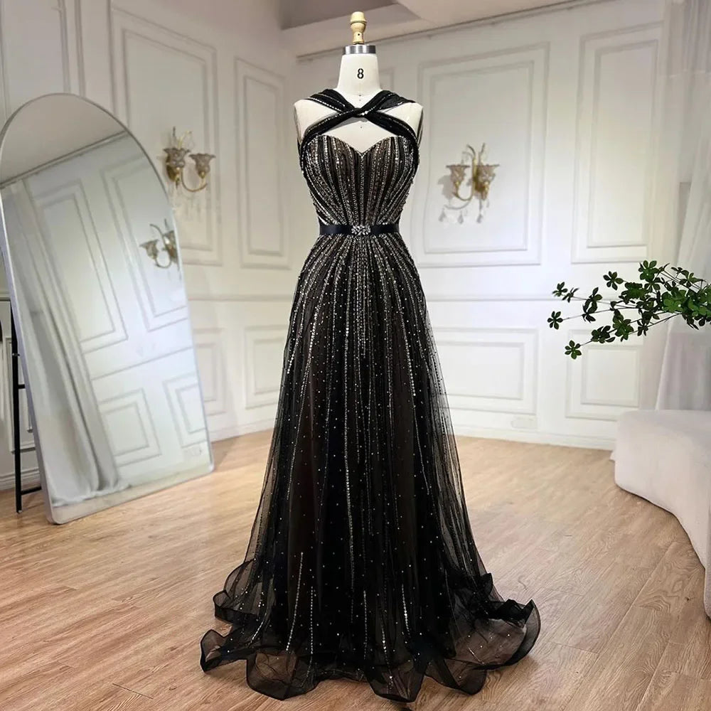 Vestidos de noche de lujo con cuentas y corte sirena con tirantes finos color turquesa de Dubái para mujer, ideal para bodas 2025 LA72322