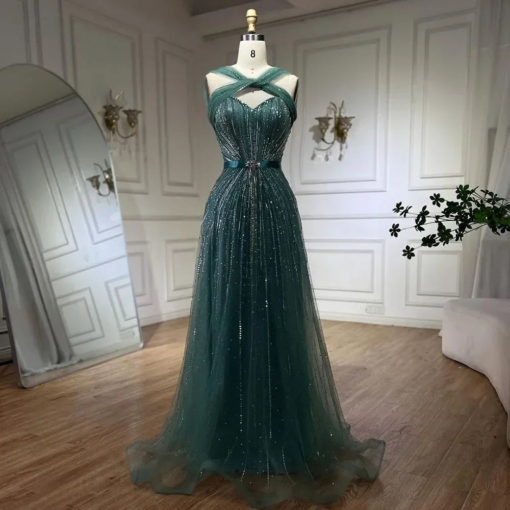 Vestidos de noche de lujo con cuentas y corte sirena con tirantes finos color turquesa de Dubái para mujer, ideal para bodas 2025 LA72322