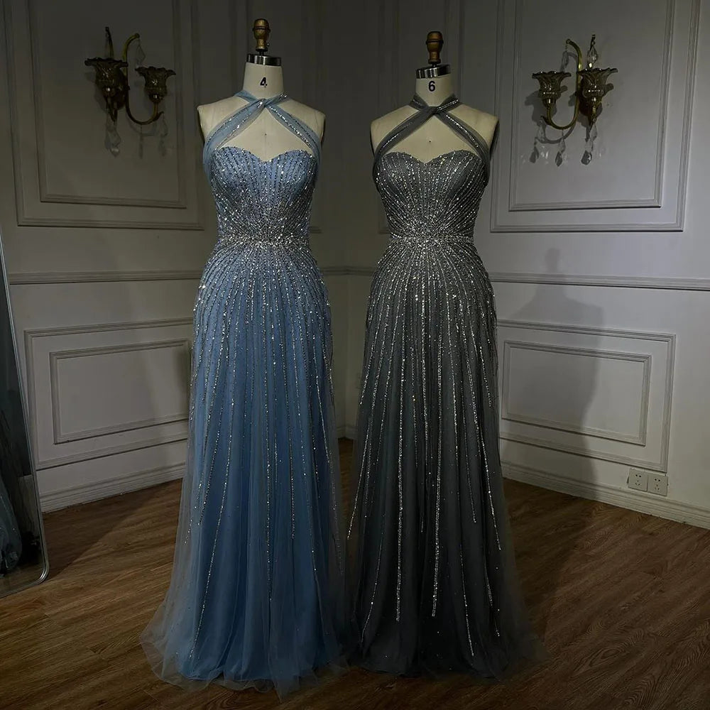 Vestidos de noche de lujo con cuentas y corte sirena con tirantes finos color turquesa de Dubái para mujer, ideal para bodas 2025 LA72322