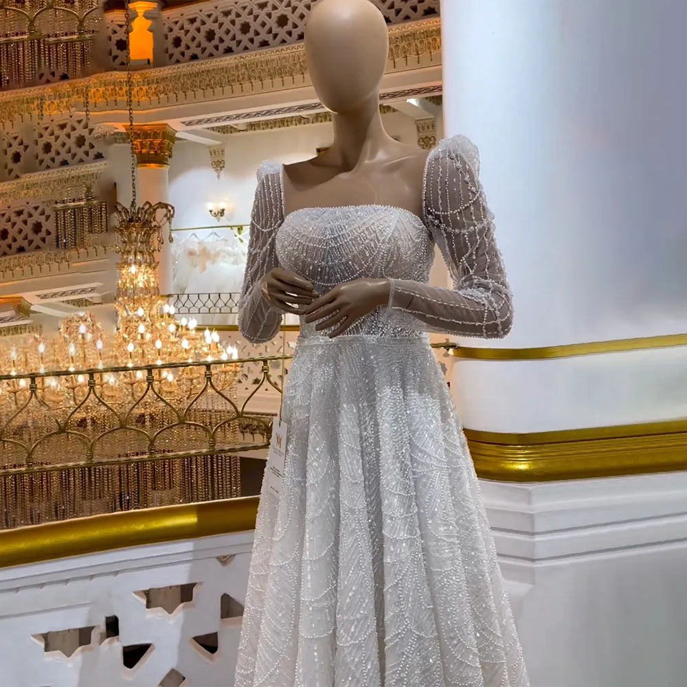 Vestidos de noche de lujo de Dubái, blancos, corte A, con perlas y manga larga, para mujer, para boda, fiesta, 2025, LA72167