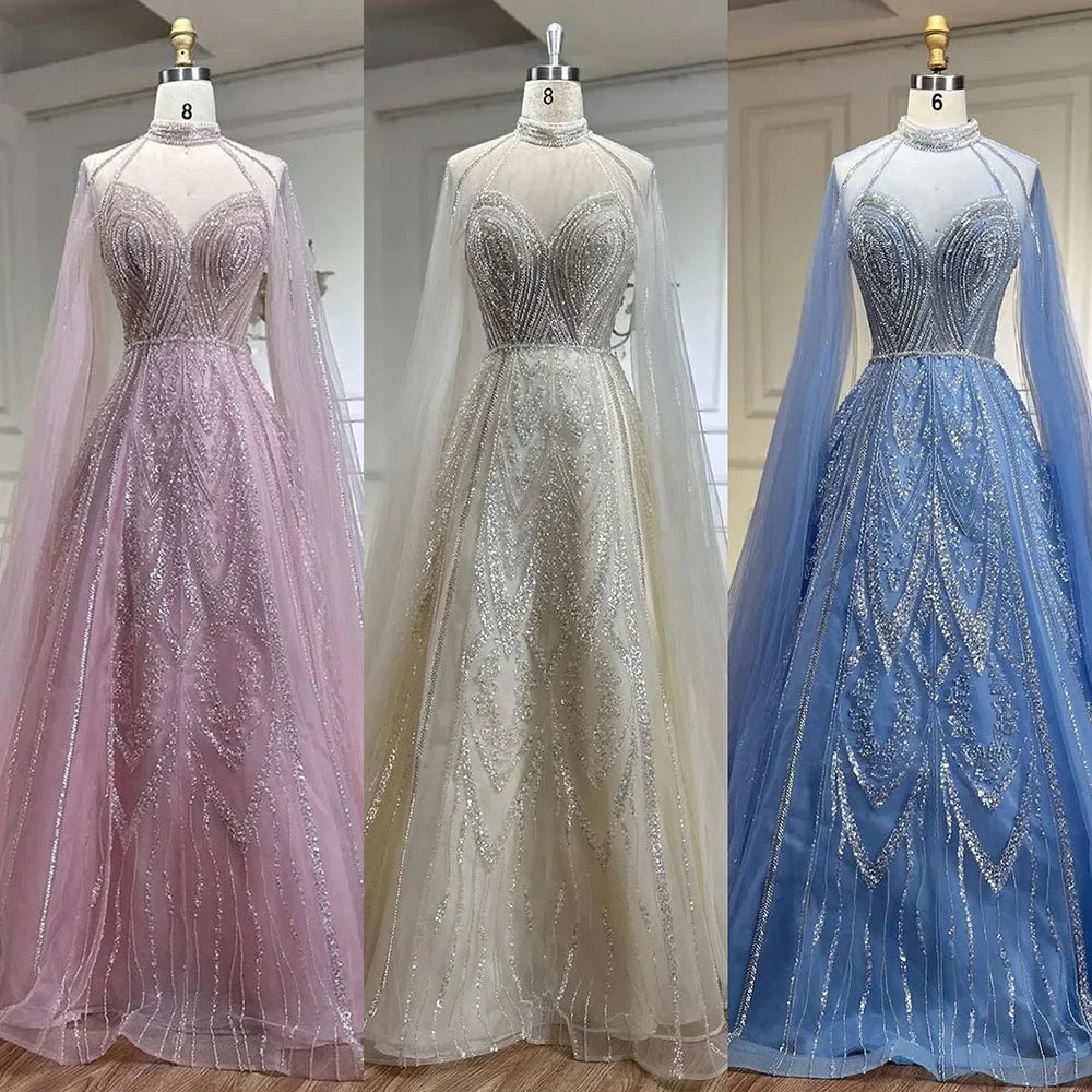 Elegante vestido de noche de lujo con cuentas y mangas abullonadas amarillas de Dubái para mujer, ideal para bodas y fiestas 2025 LA72308