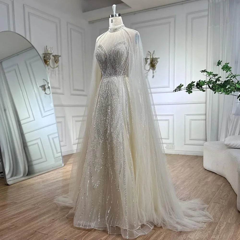 Elegante vestido de noche de lujo con cuentas y mangas abullonadas amarillas de Dubái para mujer, ideal para bodas y fiestas 2025 LA72308