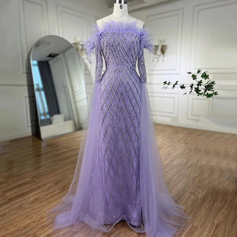 Vestidos de noche elegantes de sirena sin tirantes con plumas turquesas y cuentas de Dubái 2025 para mujer, fiesta de bodas LA72169