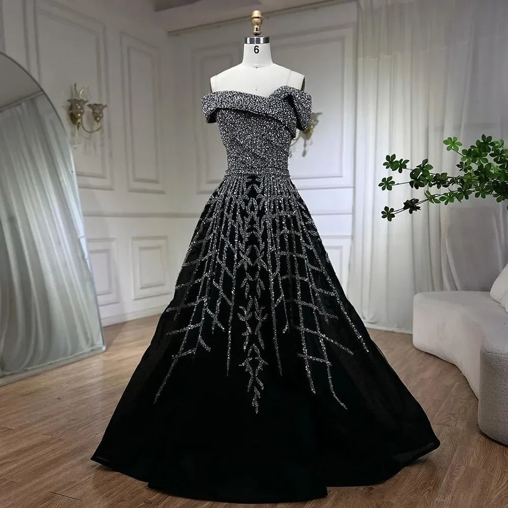 Elegante vestido de noche negro con cuentas, corte A, 2025 - Vestido de lujo con hombros descubiertos para mujer - Vestido largo de fiesta LA72224