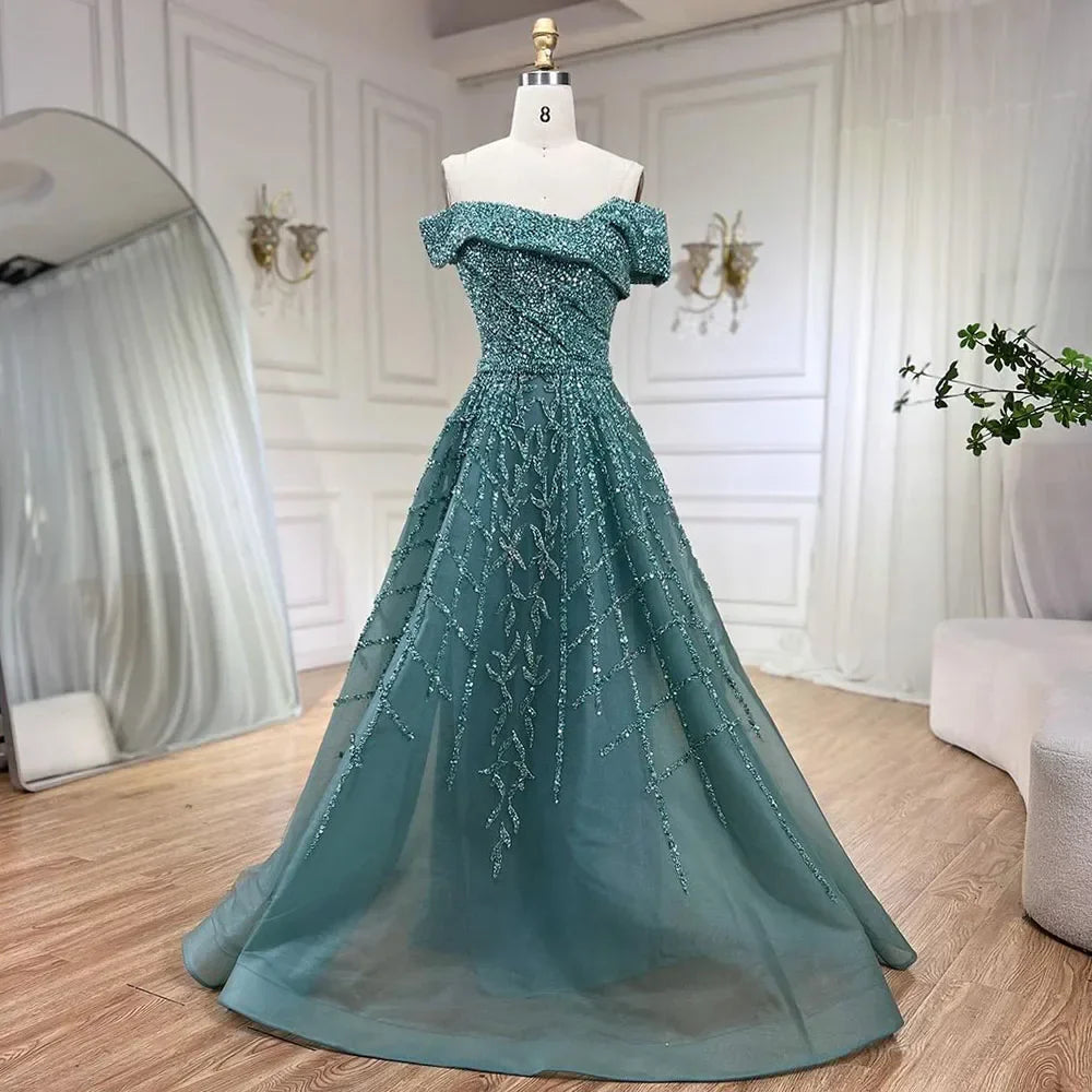 Elegante vestido de noche negro con cuentas, corte A, 2025 - Vestido de lujo con hombros descubiertos para mujer - Vestido largo de fiesta LA72224