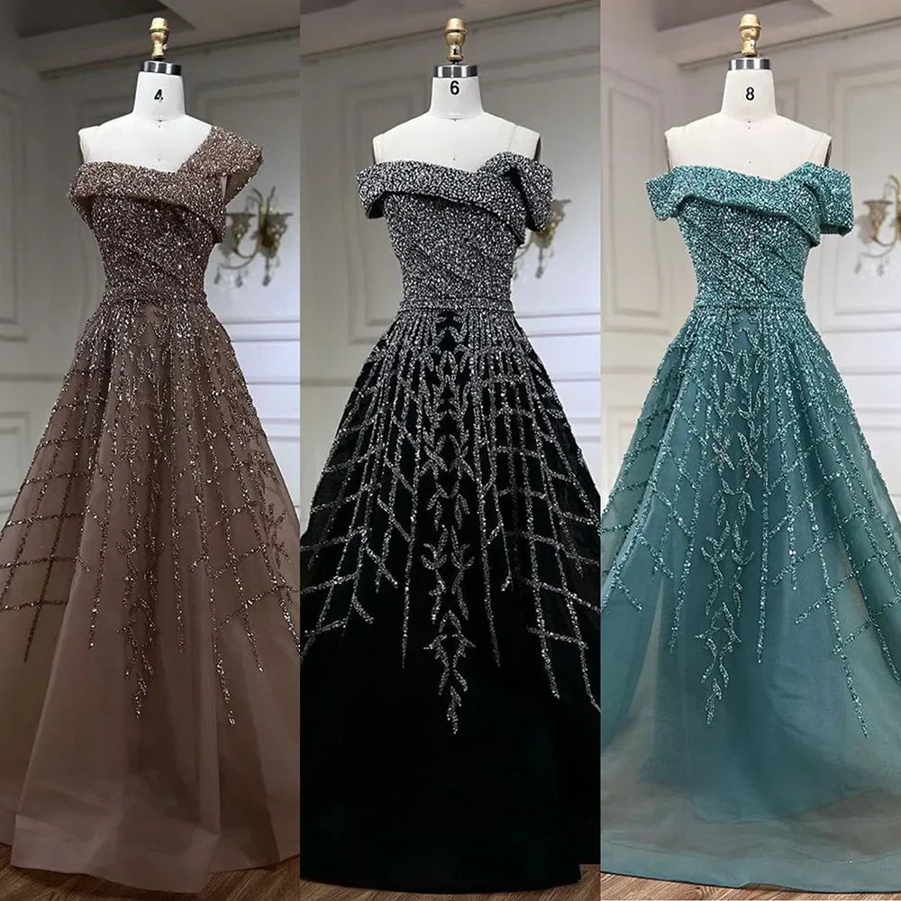 Elegante vestido de noche negro con cuentas, corte A, 2025 - Vestido de lujo con hombros descubiertos para mujer - Vestido largo de fiesta LA72224