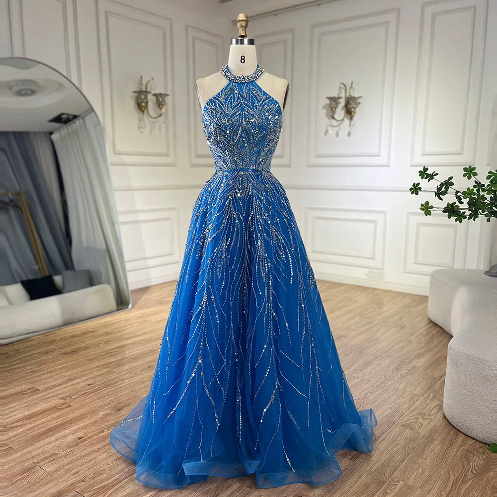 Elegante vestido de noche azul árabe de corte A con cuello halter, de lujo, estilo Dubái, para mujer, para fiesta de boda 2025 LA72302