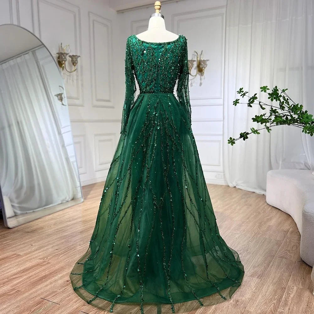 Elegante vestido de noche largo estilo sirena verde dividido con cuentas de lujo estilo Dubái 2025 para mujer, fiesta de bodas LA70765L