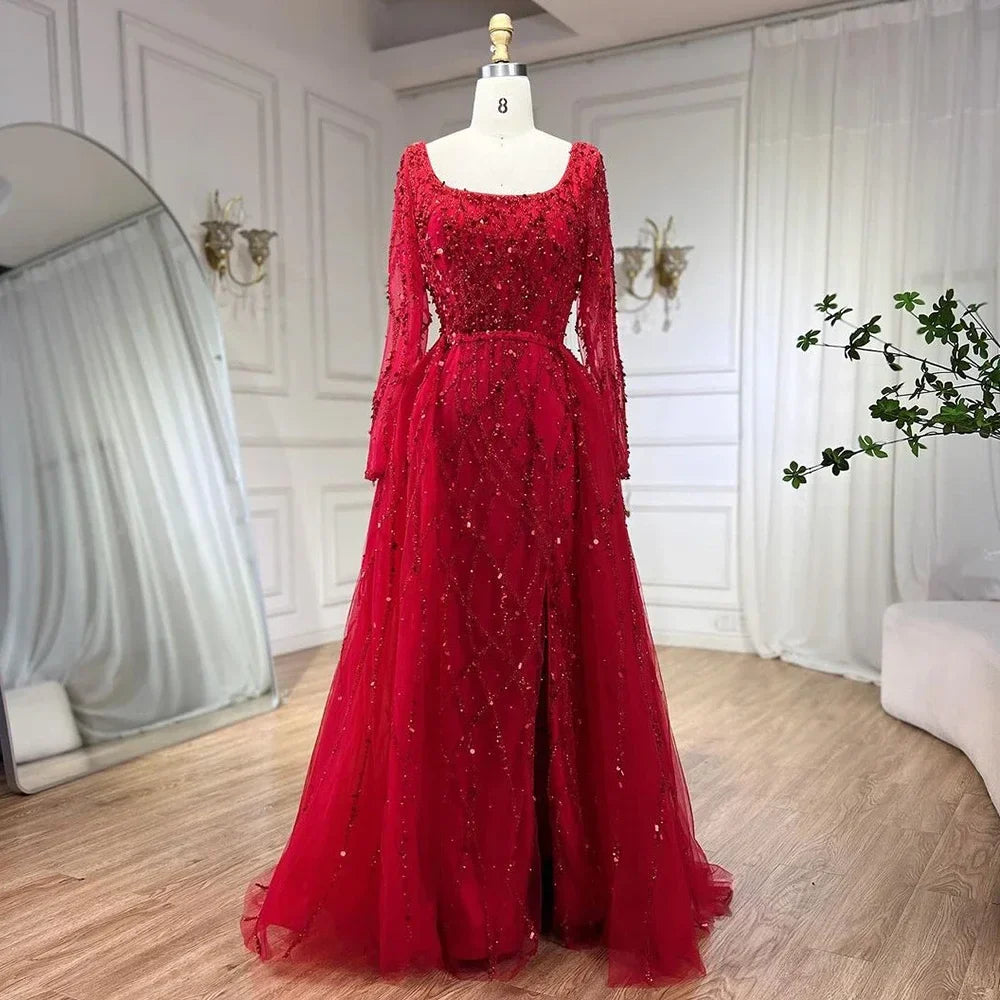 Elegante vestido de noche largo estilo sirena verde dividido con cuentas de lujo estilo Dubái 2025 para mujer, fiesta de bodas LA70765L