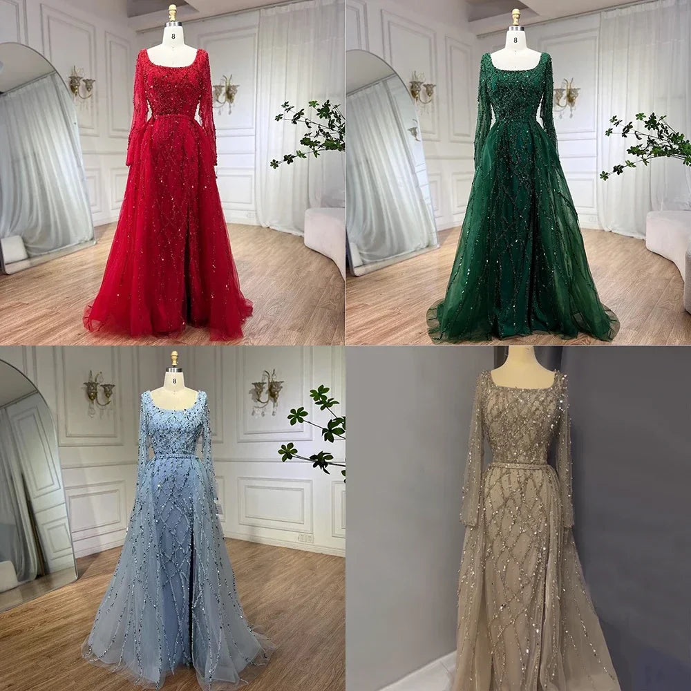 Elegante vestido de noche largo estilo sirena verde dividido con cuentas de lujo estilo Dubái 2025 para mujer, fiesta de bodas LA70765L