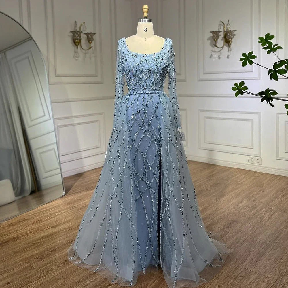 Elegante vestido de noche largo estilo sirena verde dividido con cuentas de lujo estilo Dubái 2025 para mujer, fiesta de bodas LA70765L