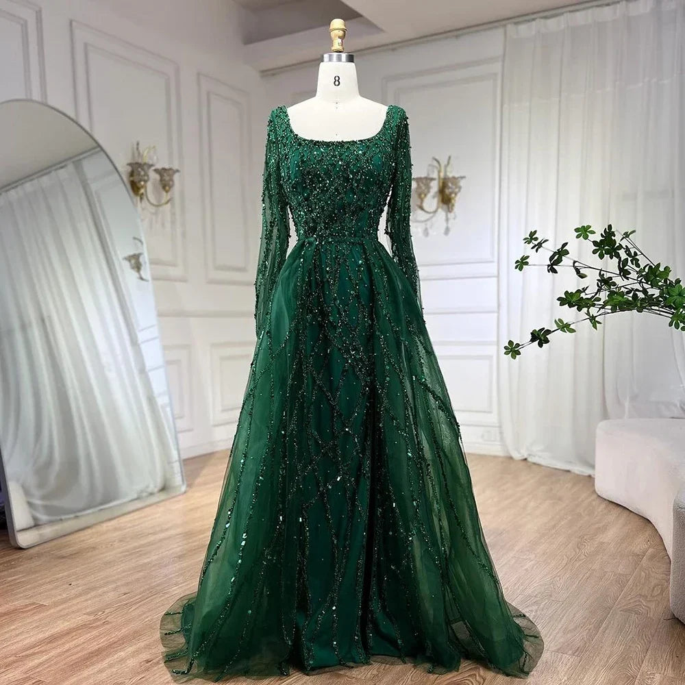 Elegante vestido de noche largo estilo sirena verde dividido con cuentas de lujo estilo Dubái 2025 para mujer, fiesta de bodas LA70765L