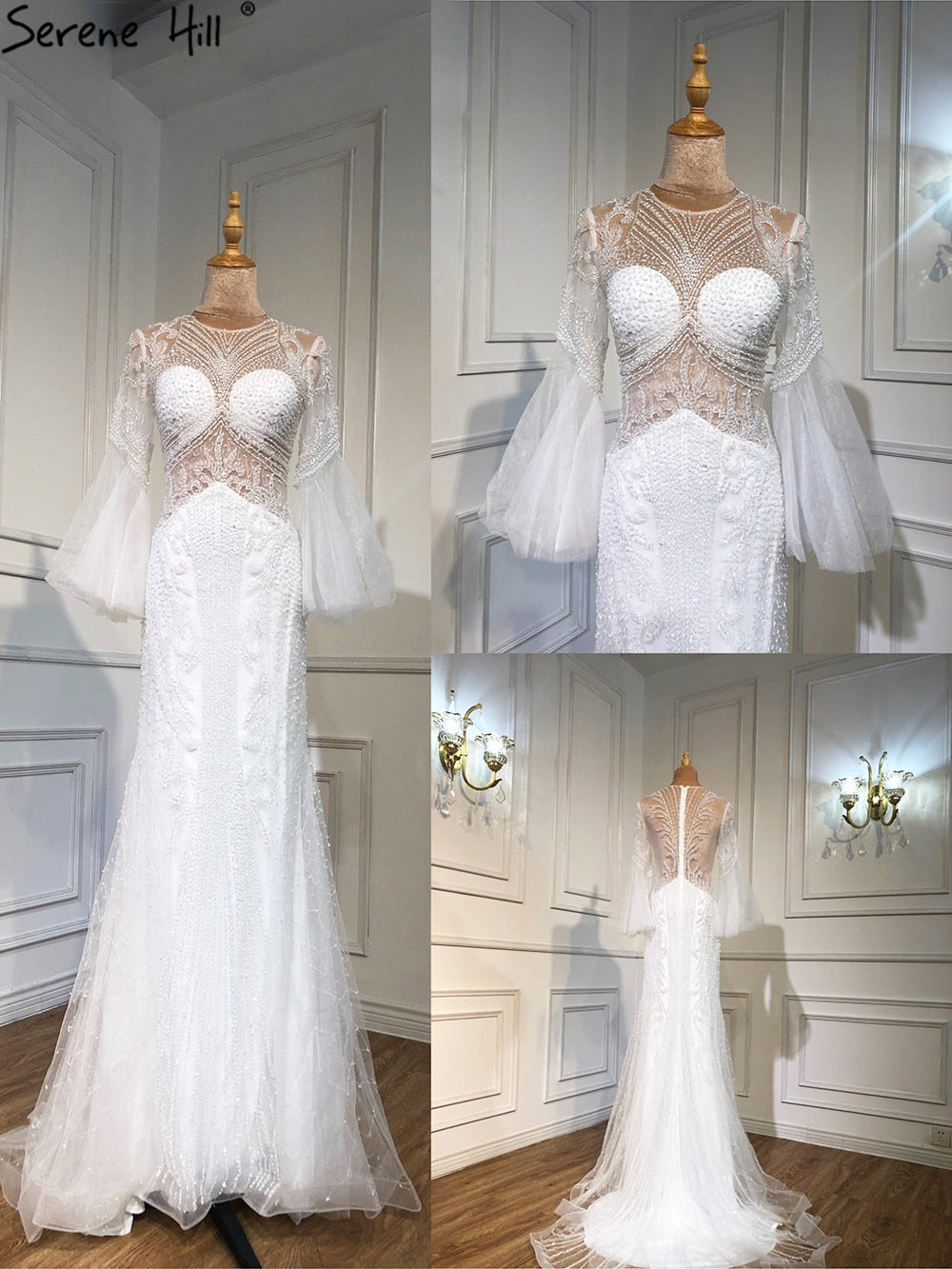 Elegante vestido de noche gris de sirena de lujo, de manga larga, con abalorios, para fiesta, LA70289