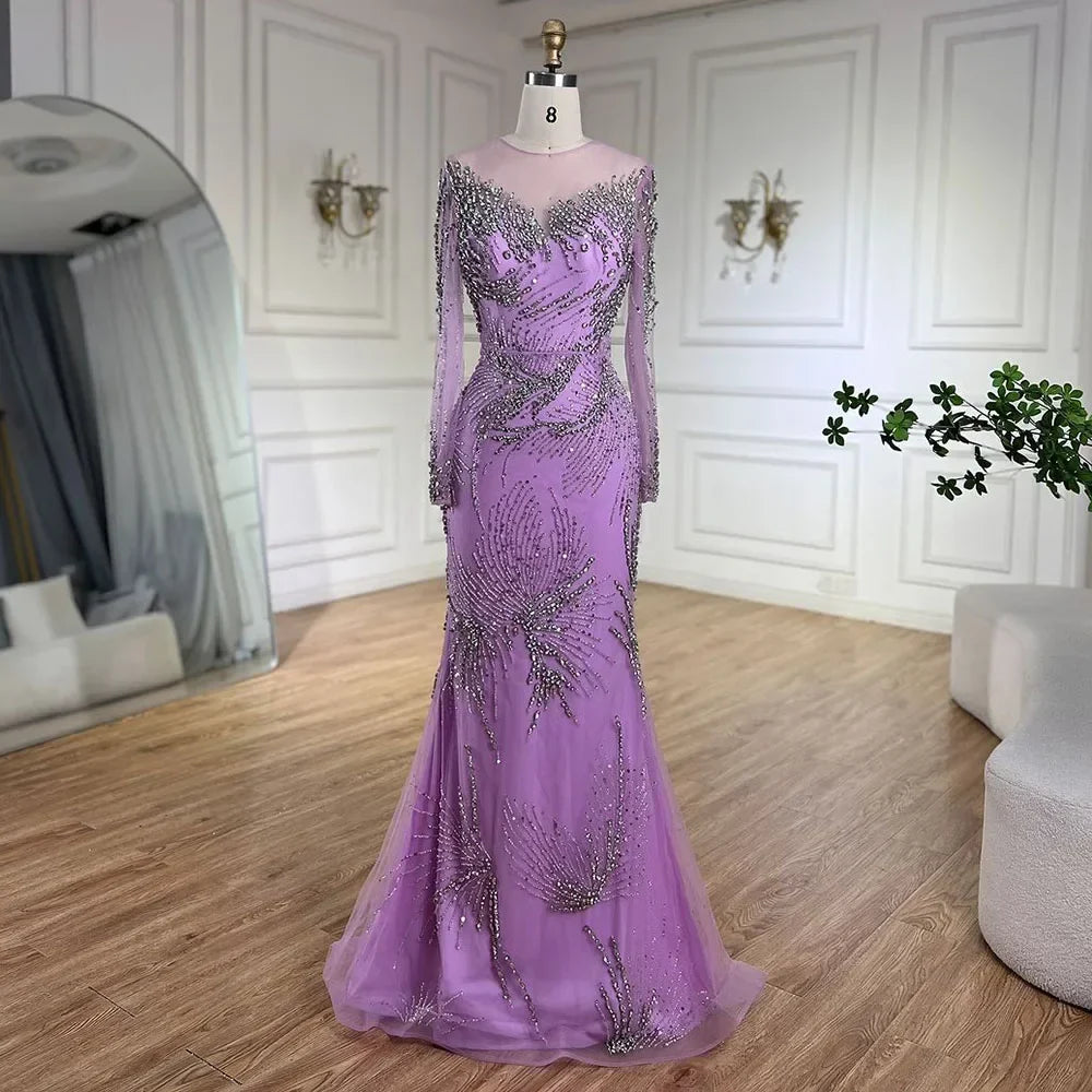 Elegante vestido de noche de sirena morado con falda de cuentas y detalle de cordones para boda femenina 2025 LA72376