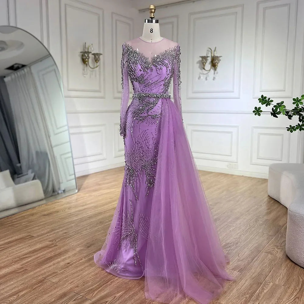 Elegante vestido de noche de sirena morado con falda de cuentas y detalle de cordones para boda femenina 2025 LA72376