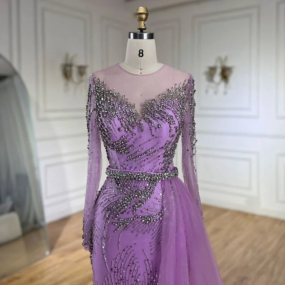 Elegante vestido de noche de sirena morado con falda de cuentas y detalle de cordones para boda femenina 2025 LA72376