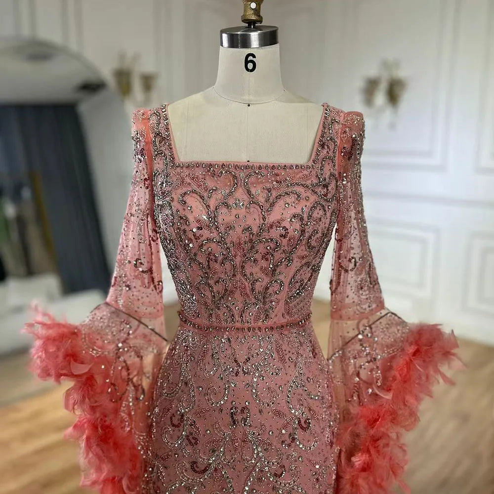 Vestidos de noche de lujo con mangas acampanadas, corte sirena, turquesa, con cuentas y plumas, para ocasiones formales 2025 LA72767