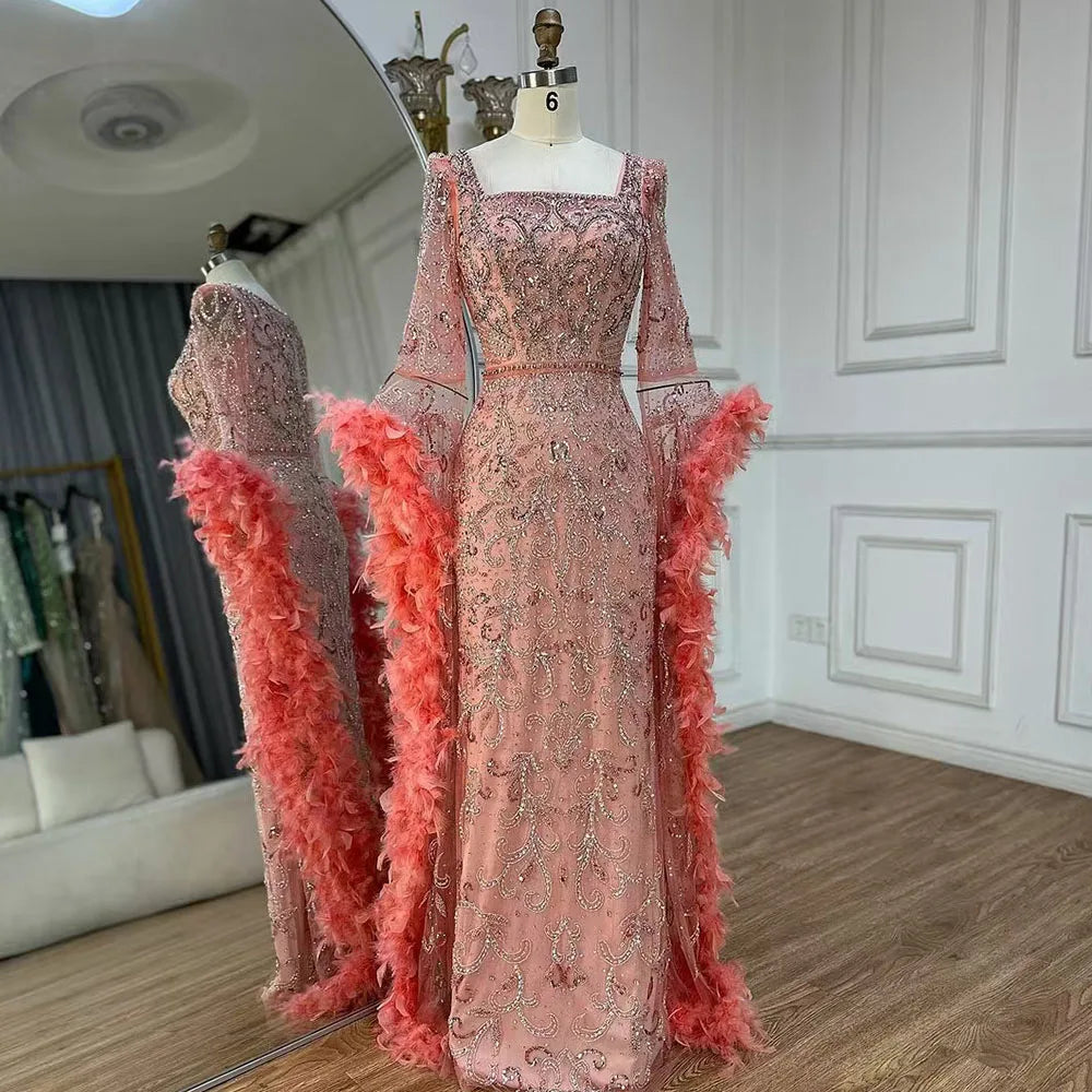 Vestidos de noche de lujo con mangas acampanadas, corte sirena, turquesa, con cuentas y plumas, para ocasiones formales 2025 LA72767