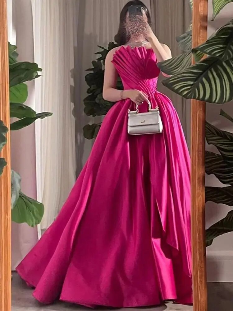 Vestidos de noche fucsia de corte A estilo Dubái, 2025, con cuentas, de lujo, sexys, sin tirantes, para mujer, para fiesta de boda LA72210