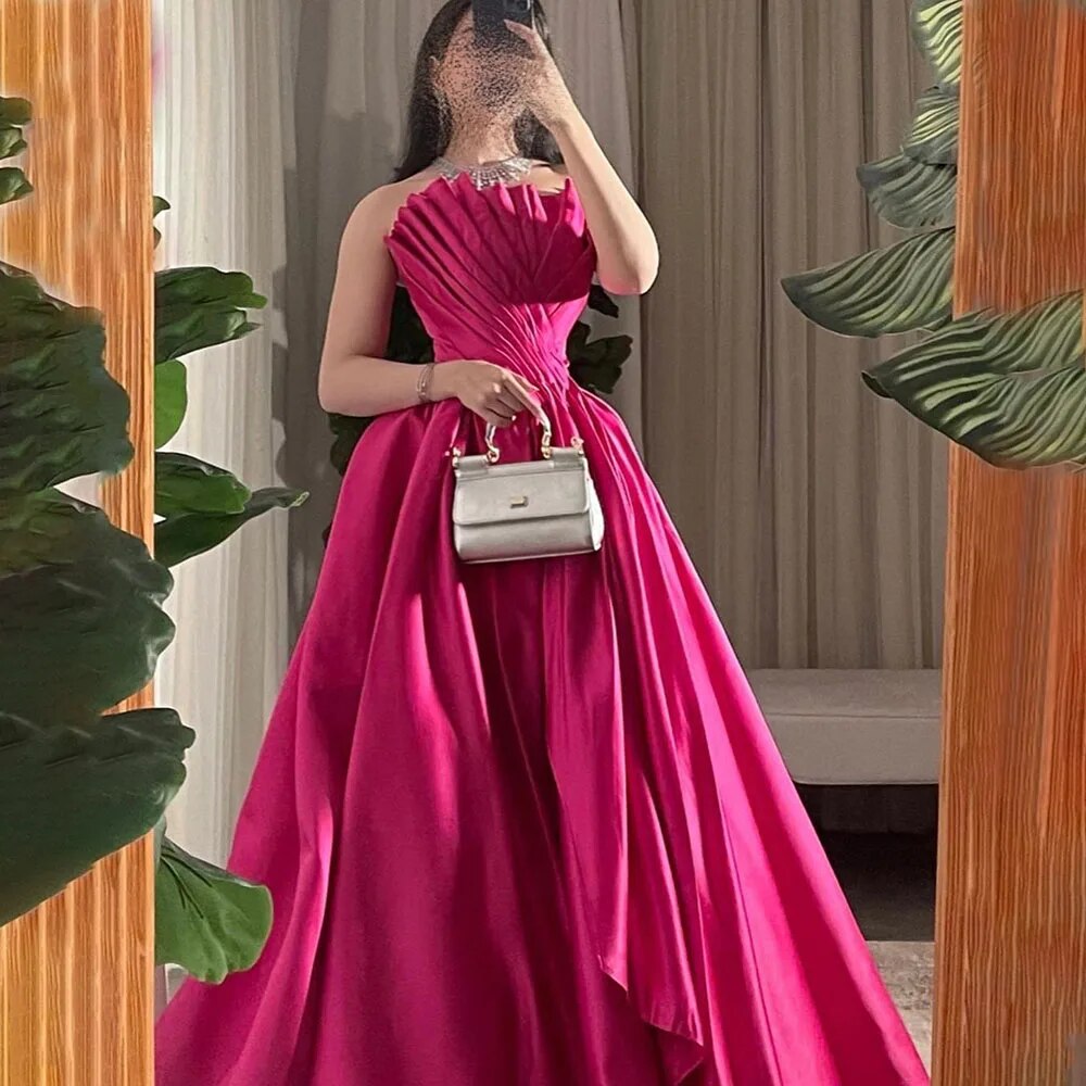 Vestidos de noche fucsia de corte A estilo Dubái, 2025, con cuentas, de lujo, sexys, sin tirantes, para mujer, para fiesta de boda LA72210