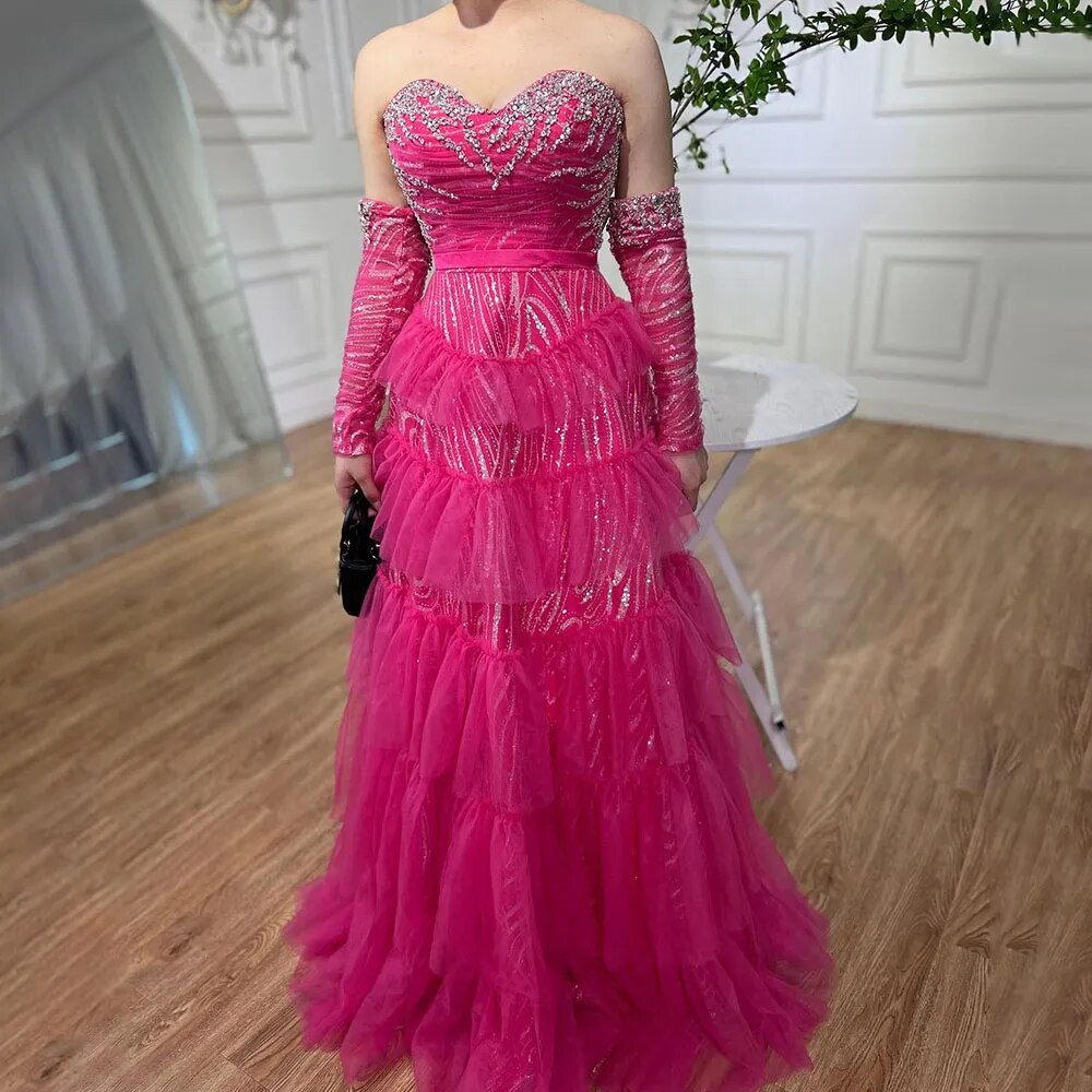 Elegante vestido de noche fucsia de corte A con escote corazón y hombros descubiertos, con cuentas y capas, para mujer, para fiesta 2025 LA72035
