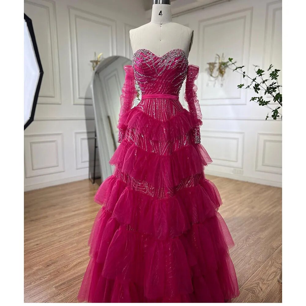 Elegante vestido de noche fucsia de corte A con escote corazón y hombros descubiertos, con cuentas y capas, para mujer, para fiesta 2025 LA72035