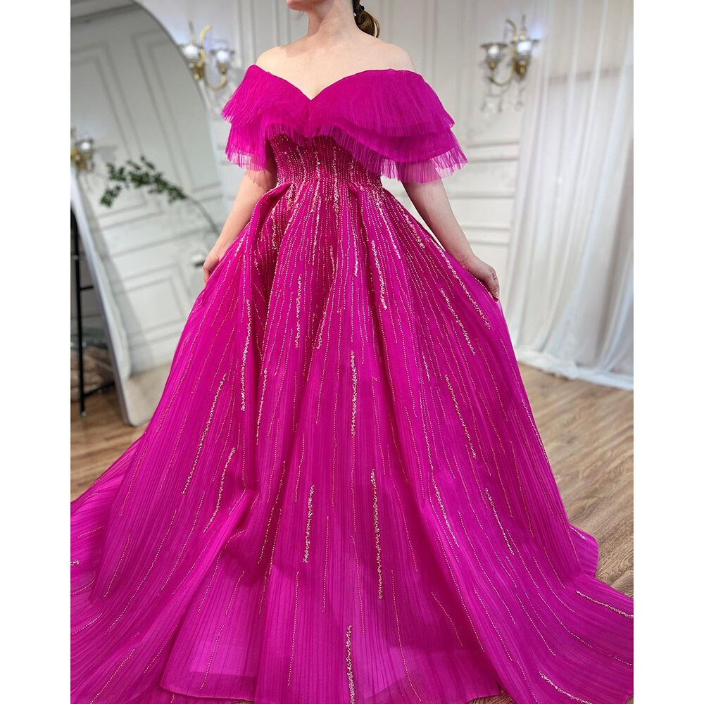 Vestidos de noche de lujo fucsia de corte A, cuello barco, con cuentas, para mujer, fiesta, LA72162A