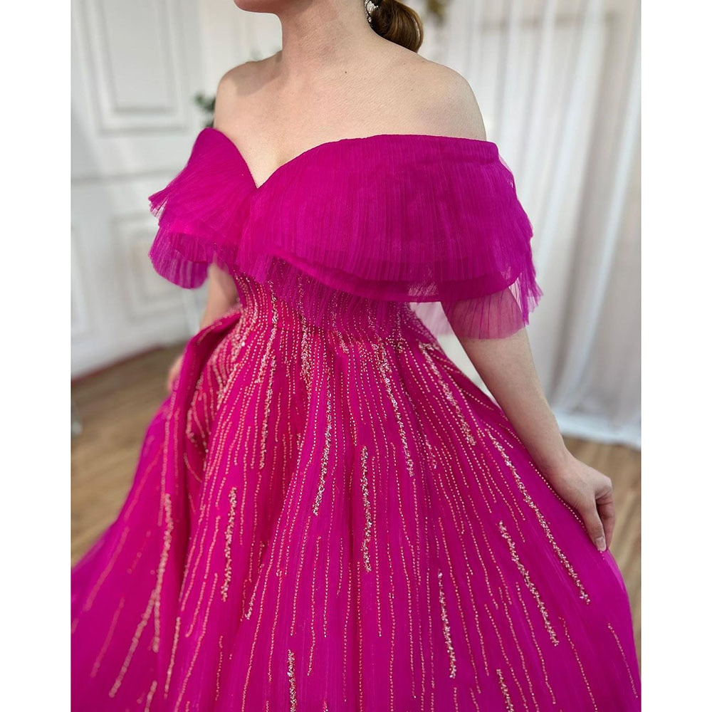 Vestidos de noche de lujo fucsia de corte A, cuello barco, con cuentas, para mujer, fiesta, LA72162A