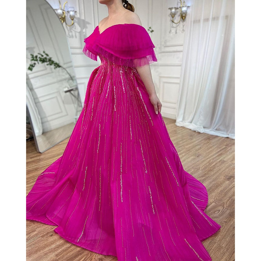 Vestidos de noche de lujo fucsia de corte A, cuello barco, con cuentas, para mujer, fiesta, LA72162A