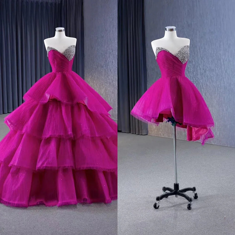 Vestido de novia de lujo fucsia con falda desmontable, encaje y perlas, 2025, alta gama, hecho a medida, HM231068