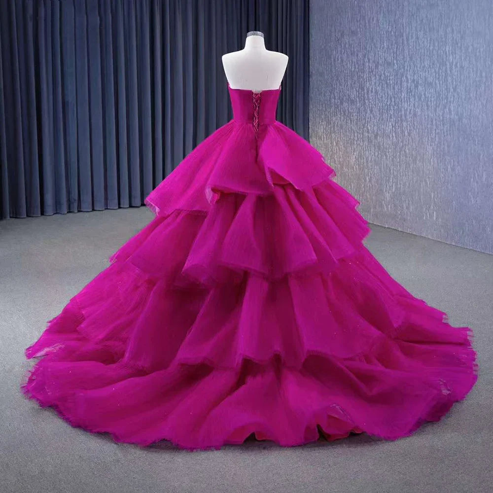 Vestido de novia de lujo fucsia con falda desmontable, encaje y perlas, 2025, alta gama, hecho a medida, HM231068