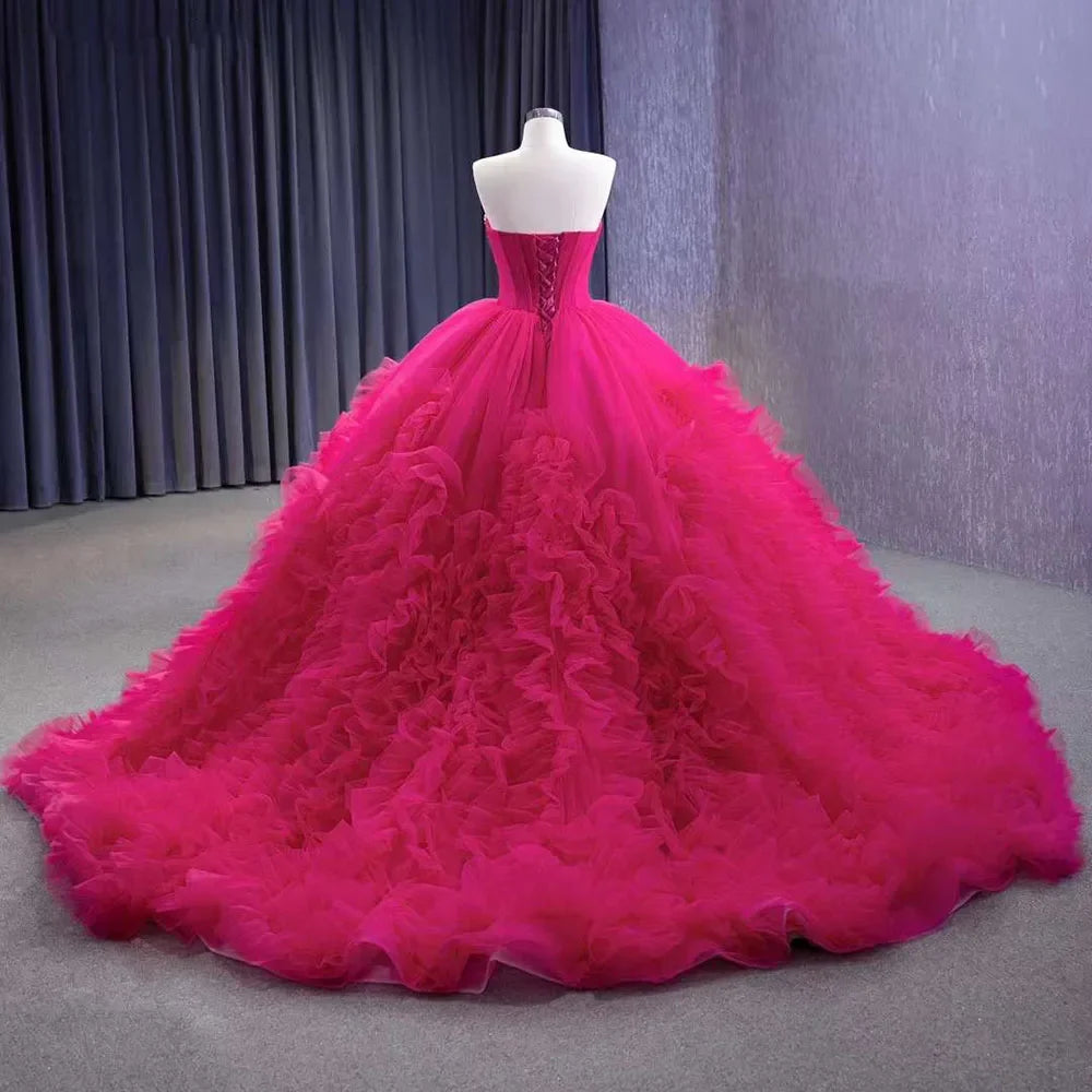 Vestido de novia elegante fucsia con escote barco, encaje, perlas y cuentas, de lujo, 2025, alta gama, hecho a medida, HM231108