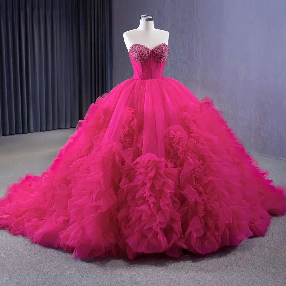 Vestido de novia elegante fucsia con escote barco, encaje, perlas y cuentas, de lujo, 2025, alta gama, hecho a medida, HM231108