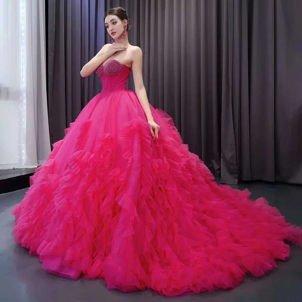 Vestido de novia elegante fucsia con escote barco, encaje, perlas y cuentas, de lujo, 2025, alta gama, hecho a medida, HM231108