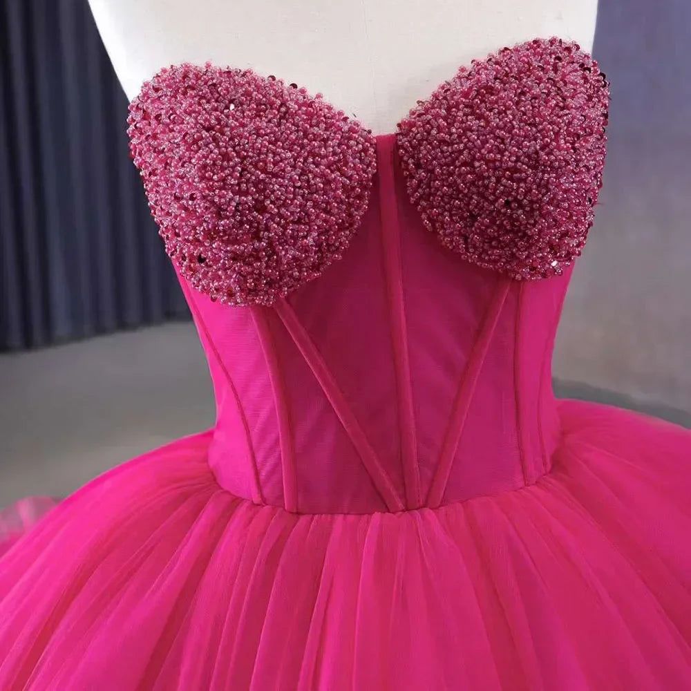 Vestido de novia elegante fucsia con escote barco, encaje, perlas y cuentas, de lujo, 2025, alta gama, hecho a medida, HM231108