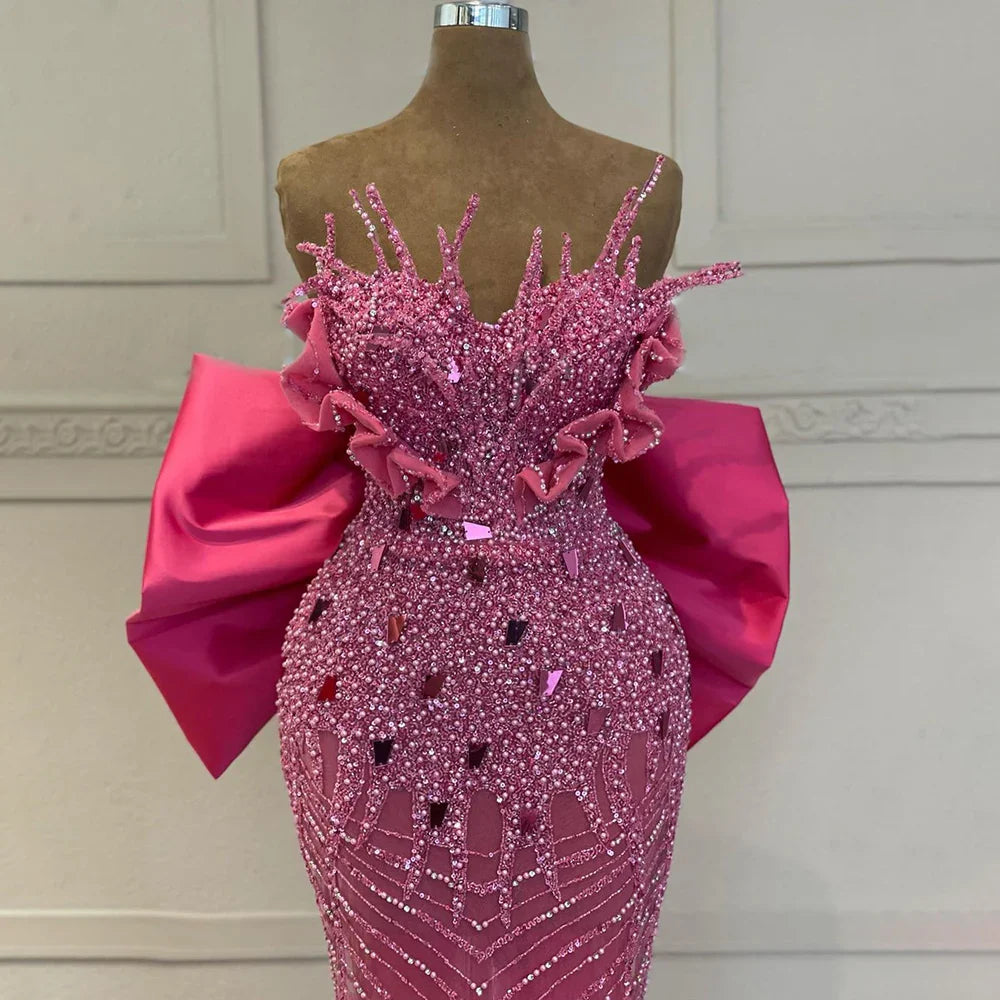 Elegante vestido de noche fucsia con cuentas y perlas estilo sirena, 2025, vestidos formales de lujo de Dubái para mujer, fiesta 2025, LA72263
