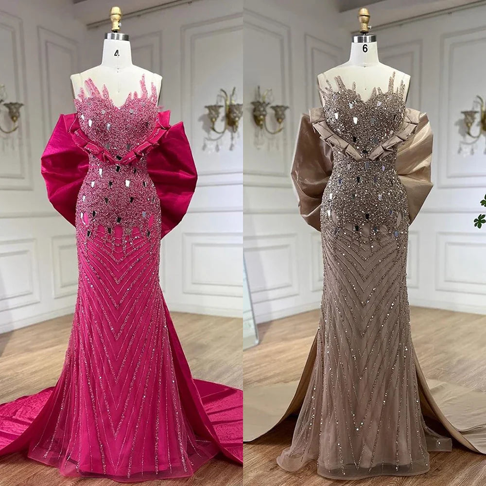 Elegante vestido de noche fucsia con cuentas y perlas estilo sirena, 2025, vestidos formales de lujo de Dubái para mujer, fiesta 2025, LA72263