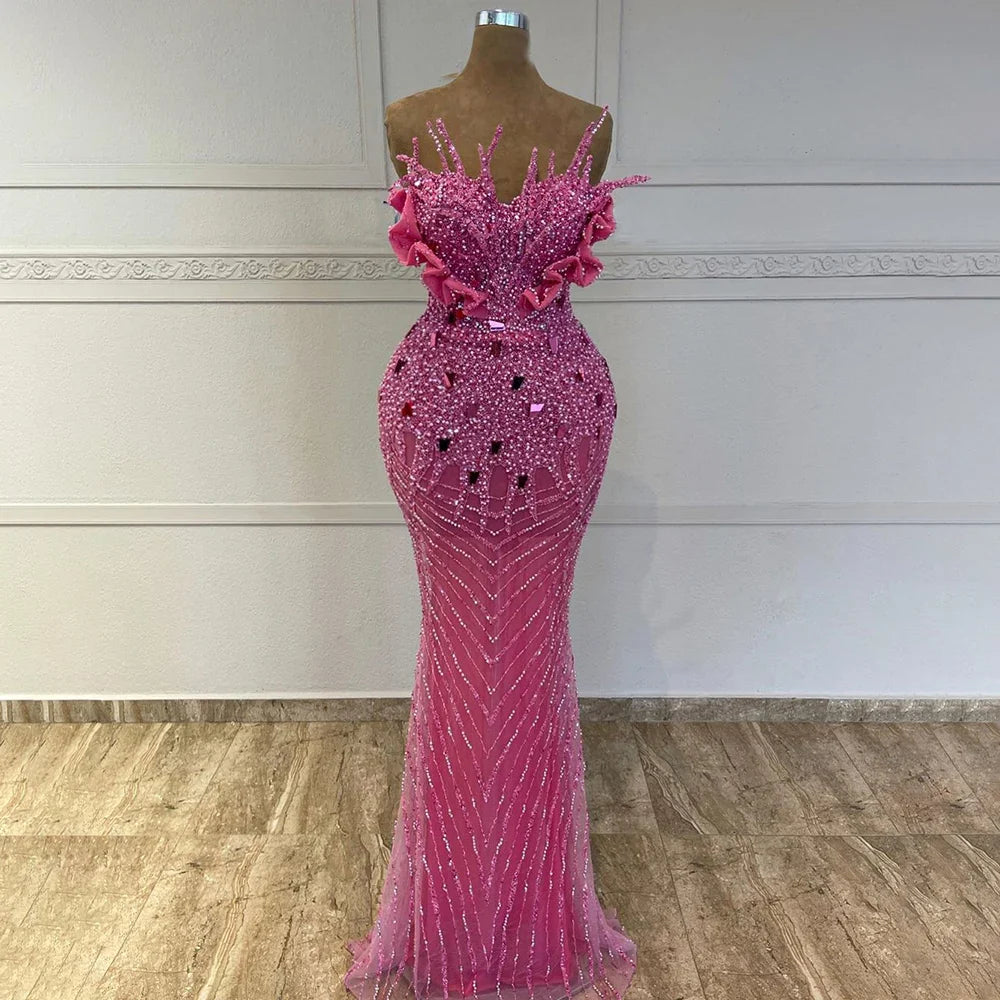 Elegante vestido de noche fucsia con cuentas y perlas estilo sirena, 2025, vestidos formales de lujo de Dubái para mujer, fiesta 2025, LA72263